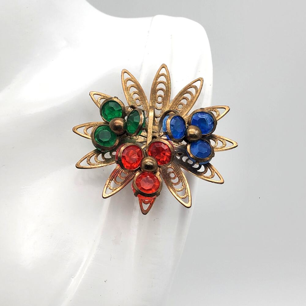 Gold Tone Filigree Brooch Orange‎ Blue Green Starburst Cluster Pin Acrylic Deco